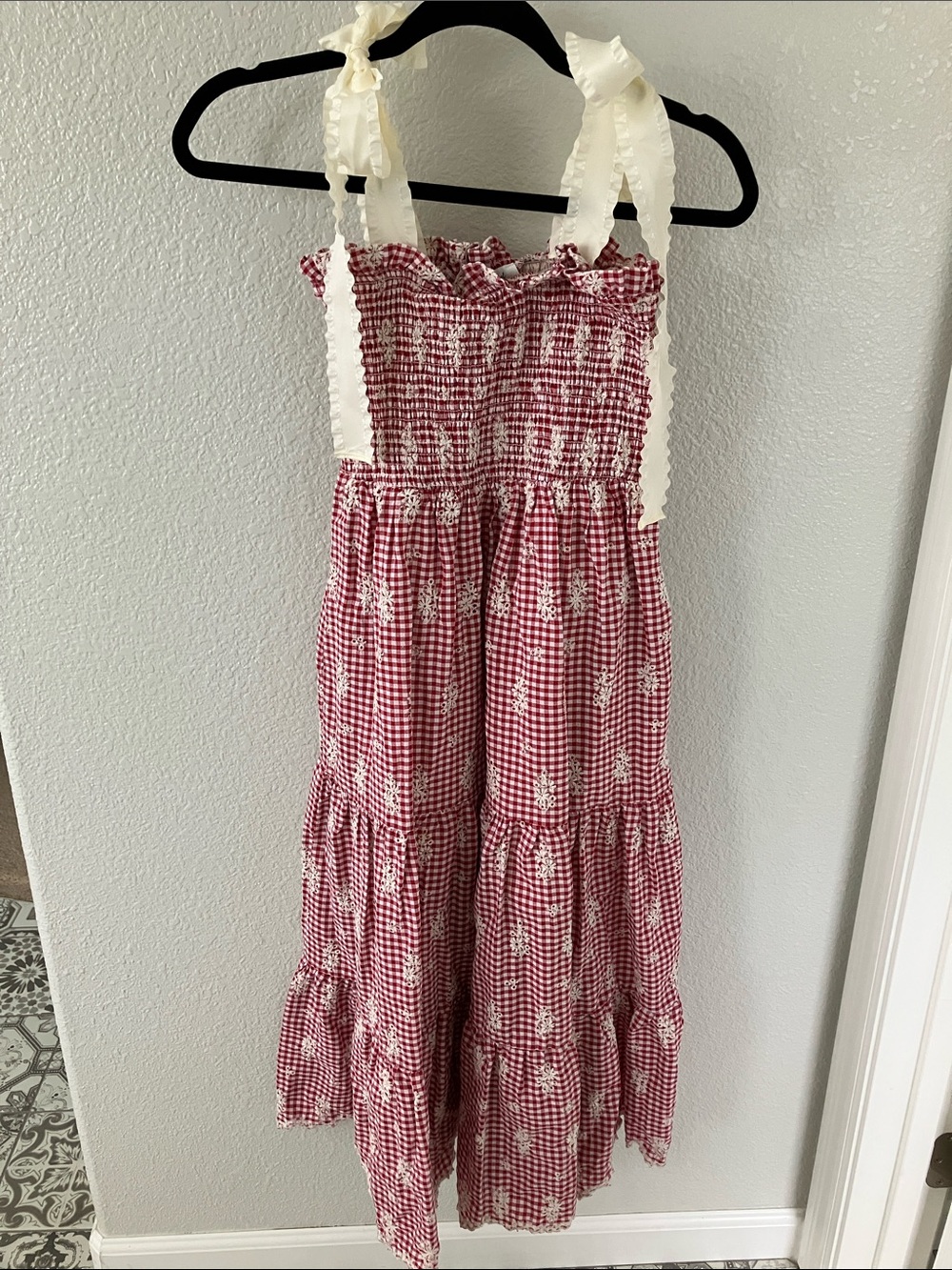 Jacquie the Label red and white gingham tiered midi dress XS